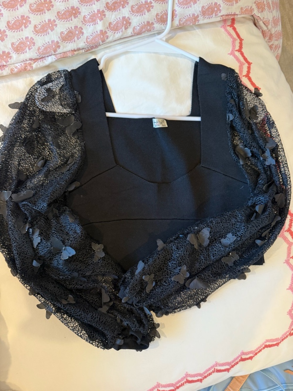 Free People Black Puff Mesh Sleeve Crop Top